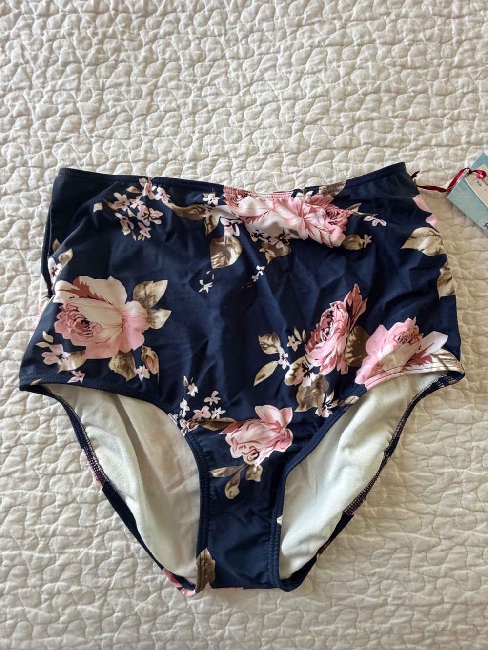 Floral High-Waist Swim Bottoms in Navy and Pink - Women’s Bikini